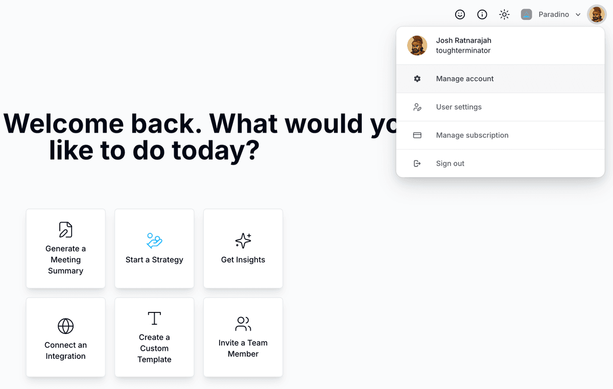 Getting to Manage Account in Paradino