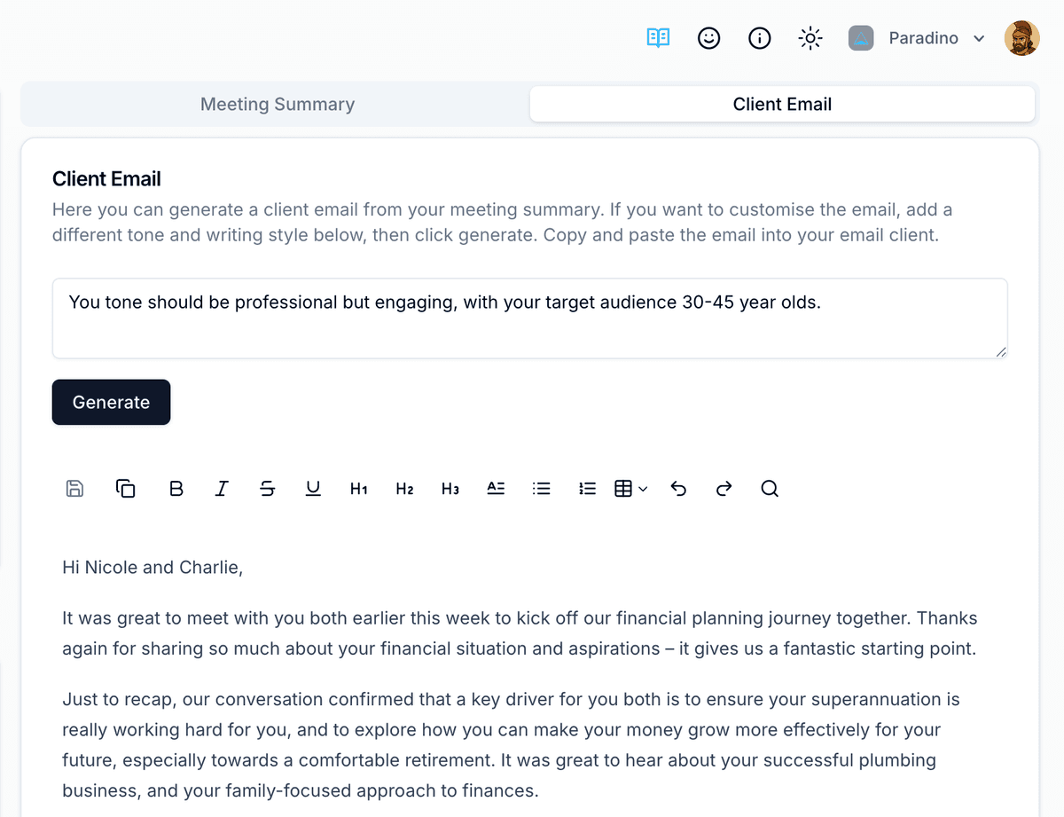 Paradino Client Email