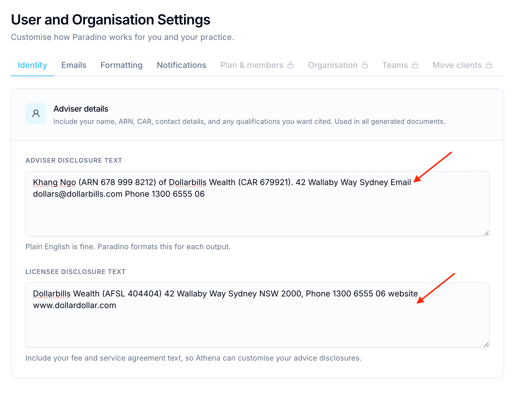 Adviser and licensee disclosure text on the Identity tab of Settings