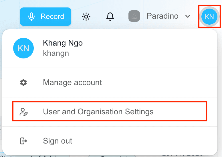Opening Settings from the account menu